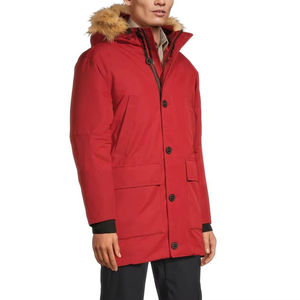 Men's <b>Red</b> <b>Hooded</b> Down <b>Jacket</b> Long Sleeve Solid Color Windproof Winter Coat with Fur Trim Zipper Closure - Product Image 2