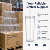 Gobelet en plastique à double paroi de 24 oz avec couvercle et paille, en stock, personnalisable avec logo, réutilisable, transparent, vente en gros
