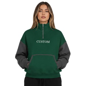 Heavyweight Fleece Color <b>Block</b> Quarter Zip Pullover Private Label Custom Embroidery Stand Collar Sweatshirts Women's Hoodies OEM - Product Image 4