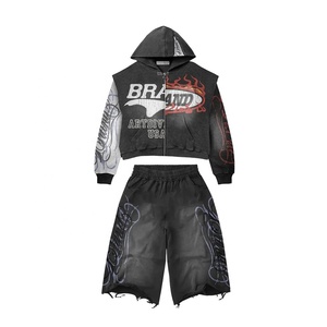 Conjunto Deportivo Personalizable para Hombre, Invierno, Estampado Gráfico, Algodón y Felpa, Serigrafía, Chaqueta con Capucha y Pantalones Cortos, Estilo Y2K, Streetwear, USA - Product Image 1