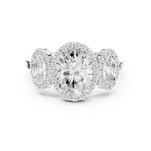 Sterling <b>Silver</b> Three-Stone Halo Oval Moissanite Engagement <b>Ring</b> | <b>Statement</b> Wedding <b>Ring</b> for Women - Product Image 1