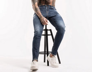 Jean en denim bleu pour homme, taille mi-haute, coupe droite, délavé, patchwork, effet usé, déchiré, extensible, adouci, écologique, vente en gros - Product Image 2
