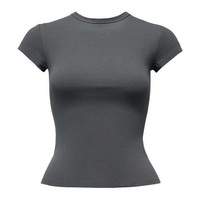 T-shirt à col rond et manches courtes pour femme, coupe classique, couleur unie, décontracté, en jersey de coton et fibre de bambou, teint uni, anti-boulochage