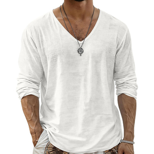 Venta al por mayor de tops de playa para hombre, de punto sólido de 180 g, ligeros, con textura, cuello en V, manga larga, formales, transpirables y de corte ajustado, directamente de fábrica. - Product Image 2