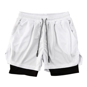 Men's White Solid Drawstring Shorts With Black Inner <b>Layer</b> Quick Dry Knitted Casual <b>Mid</b> Waist Short Shorts - Product Image 1