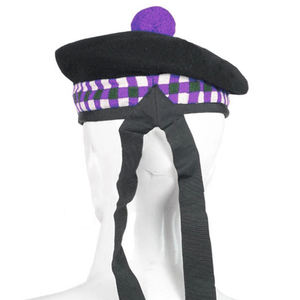 Gorro Balmoral de Lana Original Negro, Morado y Verde, Hecho a Mano en Escocia, con Pompón y Pluma, Sombreros Tradicionales - Product Image 2