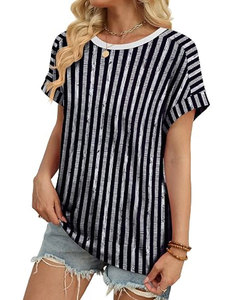 เสื้อยืดผู้หญิงลายทาง คอกลม แขนสั้น ทรงหลวม ผ้าฝ้ายลำลอง ใส่สบายสำหรับฤดูร้อน เนื้อผ้าทอระบายอากาศได้ดี ความยาวปกติ - Product Image 3