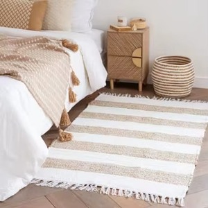 Alfombra Moderna Beige Blanca a Rayas de Yute Natural y Algodón, Tejido Plano, Antideslizante, Apta para Mascotas, Lavable, Antimicrobiana y Ecológica - Product Image 6