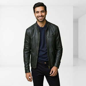 Men's Regular Length Standard Black Genuine Leather Jacket Asymmetrical Zipper Closure Sherpa Lining <b>Fur</b> <b>Trim</b> Stand Collar - Product Image 6