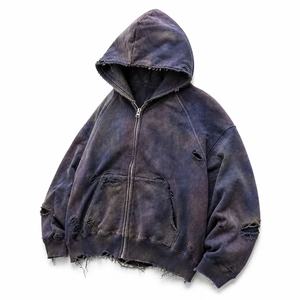 Sudadera con capucha para hombre OEM personalizada, 100% algodón, con cremallera, efecto desgastado, lavado ácido vintage, corte holgado, estilo urbano - Product Image 5
