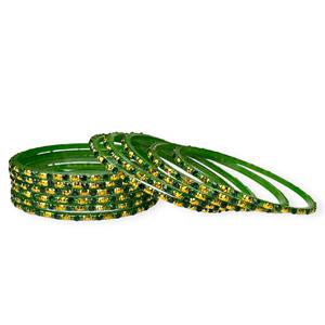 Women's <b>Indian</b> Trendy Green Gloss Finish Glass Bangles with Gold Plated Crystal Wedding & Party Wear <b>Set</b> - Product Image 3