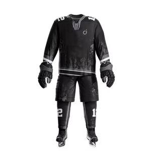 Men's Black Ice Hockey Uniform Set Full Sleeve Sublimated Jersey Pants <b>Gloves</b> Skates <b>Moisture</b> Wicking 100% Polyester Regular Fit - Product Image 1