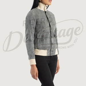 Chaqueta Bomber de Cuero de Ante Genuino Gris para Mujer, con Ribete Acanalado Crema, Ajuste Delgado, de Ante de Cabra Premium, Abrigo Casual de Invierno a la Moda - Product Image 5