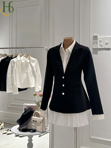 <b>Long</b> Sleeve Solid Cotton Blend Office Casual Women's Shirt <b>Pleated</b> Above-Knee <b>Skirt</b> V-Neck Vest Blazer Set Turn-down Collar - Product Image 4