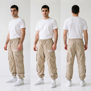 Men Windbreaker Cargo Pants Beige Elastic Waist Multiple Pockets Canvas <b>Trousers</b> Spring Wear <b>Waterproof</b> Rain Pants - Product Image 5