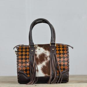 Sac Speedy en cuir avec panneau en cuir de vachette, motif damier, fermeture éclair, détail pompon, style décontracté - Product Image 2