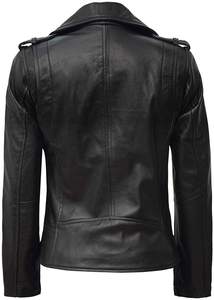 Chaqueta de Motociclista de Cuero Genuino para Mujer, Color Negro Sólido, Cierre de Cremallera, Manga Larga, Estilo Otoñal, Cuello Extendido, Clásica - Product Image 2
