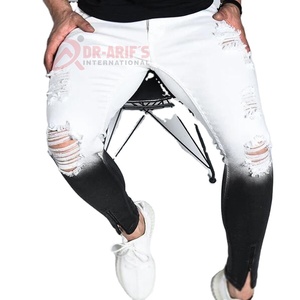 Usine OEM/ODM – Jean skinny stretch déchiré délavé pour homme, dégradé blanc et noir, denim streetwear hip-hop, brodé, style utilitaire - Product Image 2