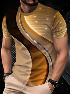 <b>Men</b> s Gold Geometric Pattern Short Sleeve O Neck T Shirt Regular Fit Casual Breathable Knitted Polyester Sublimation Print - Product Image 3