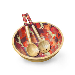 Tazones para Servir Ensaladas Decorativos de Madera Pulida con Diseño Impreso, Ecológicos, con Cuchara, Clásicos para Fiestas, Accesorios de Cocina para el Hogar, Falak World - Product Image 3