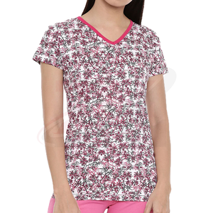 Camiseta de Mujer con Cuello en V, Manga Corta, Estampado Floral, Corte Regular, Tejido de Poliéster, Informal, para Primavera/Verano, Nueva Colección Personalizada - Product Image 1