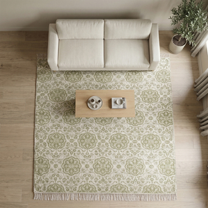 Tapis DECORDEC personnalisé en laine tissée plate, motif floral vert olive et ivoire, antidérapant, écologique, tufté à la main, avec franges - Product Image 4