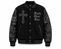 Blouson Bomber Gothique Fin pour Homme en Laine Noire avec Broderie Croix Faith Fear, Col Rond, Vêtement d'Hiver