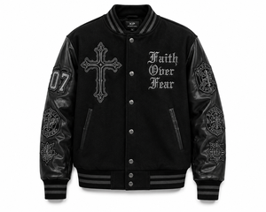 Men's <b>Gothic</b> Varsity <b>Jacket</b> Black PU Leather Embroidered Cross Faith Over Fear Patch Design Turn-down Collar Autumn Wear - Product Image 2