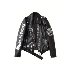 Women's PU <b>Leather</b> Windproof Lightweight Moto <b>Jacket</b> with Print Logo and Zipper Closure Regular Fit Full Sleeve Low Price - Product Image 3