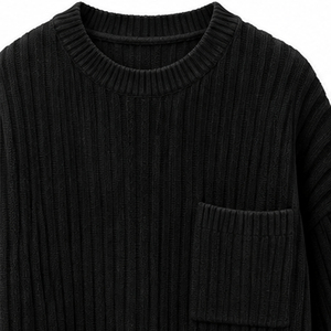 Men's Black Ribbed Knit Sweater Lantern Sleeve Front Pocket Solid Color 100% Acrylic Standard <b>Thickness</b> Knitted Sweaters - Product Image 6