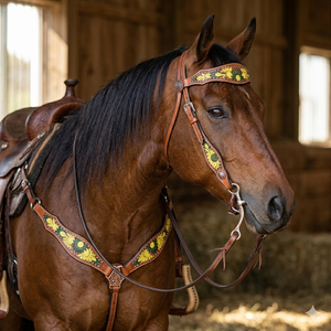 Juego de cabezales y pechopetras de cuero occidental con diseño floral pintado a mano para caballos - Product Image 2