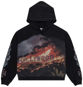 Sudadera con Capucha Gris para Hombre, Estilo Punk, Estampado de Llamas, Algodón French Terry, Corte Regular, para Otoño, con Bolsillo Delantero y Gráficos en las Mangas - Product Image 6