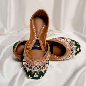 Custom Made Premium Quality Anti-Slippery Bottle Green Women <b>Khussa</b> Raw Silk Upper Non-Slip Sole Factory Direct Supply in Stock - Product Image 1