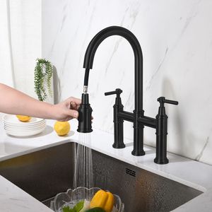 Rubinetto da cucina estraibile a doppia maniglia in acciaio inossidabile lucidato, miscelatore lavello in ottone con installazione a 3 fori per uso domestico, funzione acqua fredda - Product Image 3