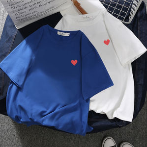 Camiseta Básica Elástica de Algodón para Mujer de Alta Calidad, Transpirable, con Estampado de Corazón, Informal, Lisa, Teñida - Product Image 2