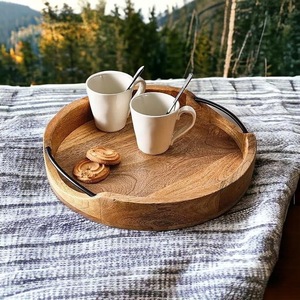 Premium Round Wooden Serving <b>Tray</b> with Metal Handle | Acacia Wood Coffee & Breakfast <b>Tray</b> | Modern Rustic Home <b>Decor</b> - Product Image 2