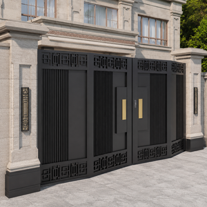 Puerta de entrada doble moderna de metal negro con bordes geométricos, listones verticales, detalles dorados y diseño residencial de lujo. - Product Image 5