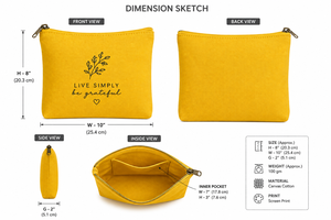 กระเป๋าเครื่องสำอางผ้าแคนวาส Live Simply Be Grateful สีเหลือง ปิดด้วยซิป กระเป๋าใส่เครื่องสำอางแบบพกพาขนาดเล็ก สไตล์เรียบง่าย - Product Image 2
