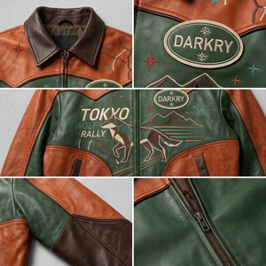 Blouson aviateur en cuir marron pour homme avec design patchwork coloré, col rabattable, fermeture éclair, style décontracté automne - Product Image 6