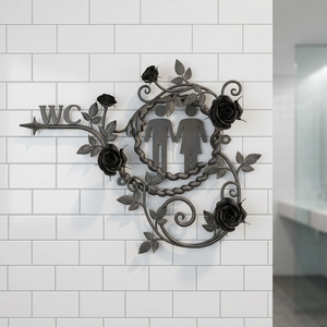 Panneau WC en fer forgé au design industriel, indicateur mural floral pour salle de bain avec forme de fleur, support mural métallique pour intérieur de centre commercial - Product Image 5