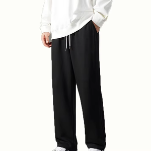 Pantalon de survêtement en molleton noir pour homme, taille mi-haute, élastique, respirant, en coton tricoté, décontracté, avec poches latérales, idéal pour l'été - Product Image 1