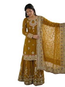 Party Traditional Indian Festive Faux Georgette Top with Embroidery Sequence Work Palazzo and Dupatta with Heavy Embroidery Work - Product Image 3