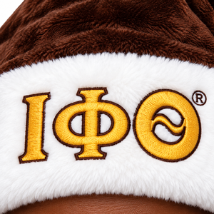 Chapeau de Père Noël en peluche marron et blanc pour homme iota-phi-theta avec logo en lettres grecques brodé or, fausse fourrure douce, Noël, vacances d'hiver - Product Image 6