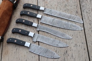 Ensemble de couteaux de cuisine en acier Damas, 5 pièces, manche noir, couteaux artisanaux à pointe tombante - Product Image 4