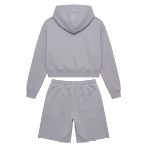 Ensemble sweat à capuche court zippé et short pour homme, avec logo personnalisé, imprimé universitaire vintage, en molleton, deux pièces, survêtement de jogging, tenue décontractée - Product Image 3