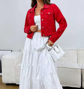 <b>Red</b> Denim Breathable Distressed <b>Crop</b> Jacket with Rhinestone Floral Print Formal Style Autumn Wear - Product Image 4