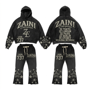 Survêtement en molleton de coton épais 500 GSM, noir délavé, imprimé graphique vintage, personnalisable, pour homme - Product Image 1