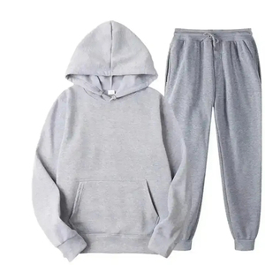 Ensemble de survêtement unisexe gris à capuche, couleur unie, en coton, sweat-shirt décontracté et pantalon à cordon de serrage, coupe régulière, longueur intégrale, pour l'automne - Product Image 1