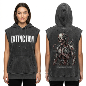 Débardeur à capuche sans manches gris anthracite délavé pour femme, motif graphique Extinction, imprimé robot cyberpunk, effet usé, coupe muscle, vente en gros - Product Image 1