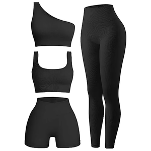 Ensemble de yoga 4 pièces Tendances Classiques Noir Taille haute Sans couture Crop top Leggings Shorts Bretelles Longueur intégrale Extensible dans quatre directions - Product Image 3